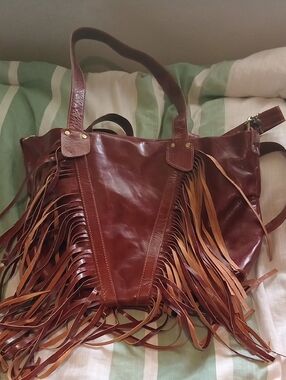 BRAND NEW Fringed Leather Tote Bag - Chestnut Brown